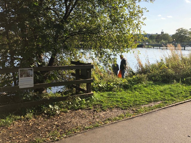 A lake with a sign saying 'do not feed the ducks'. Next to it a father and child are feeding the ducks.