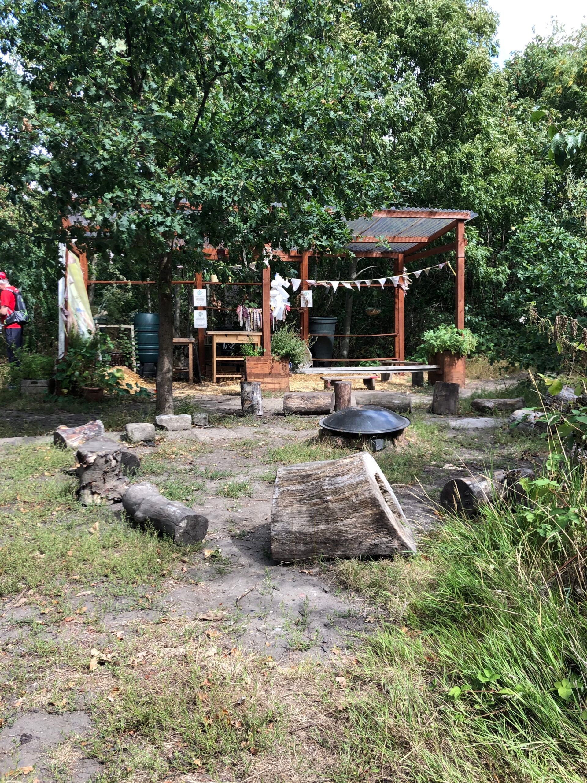 Logs and wood stumps in a circle around a black metal dome, in a woodland clearing, an open wooden shelter is in the background