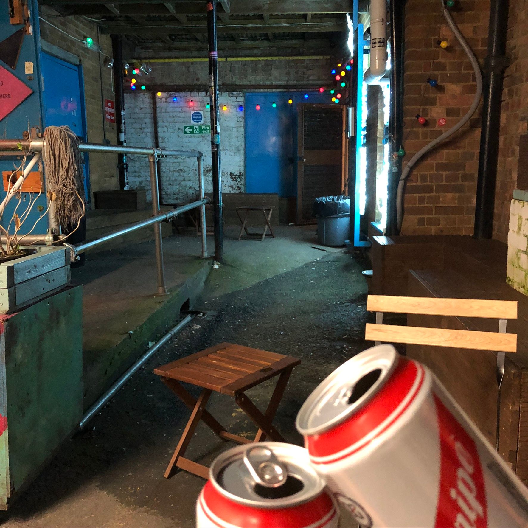 Two cans of Red Stripe in the foreground, a yard in the background decorated with fairy lights and a mop.