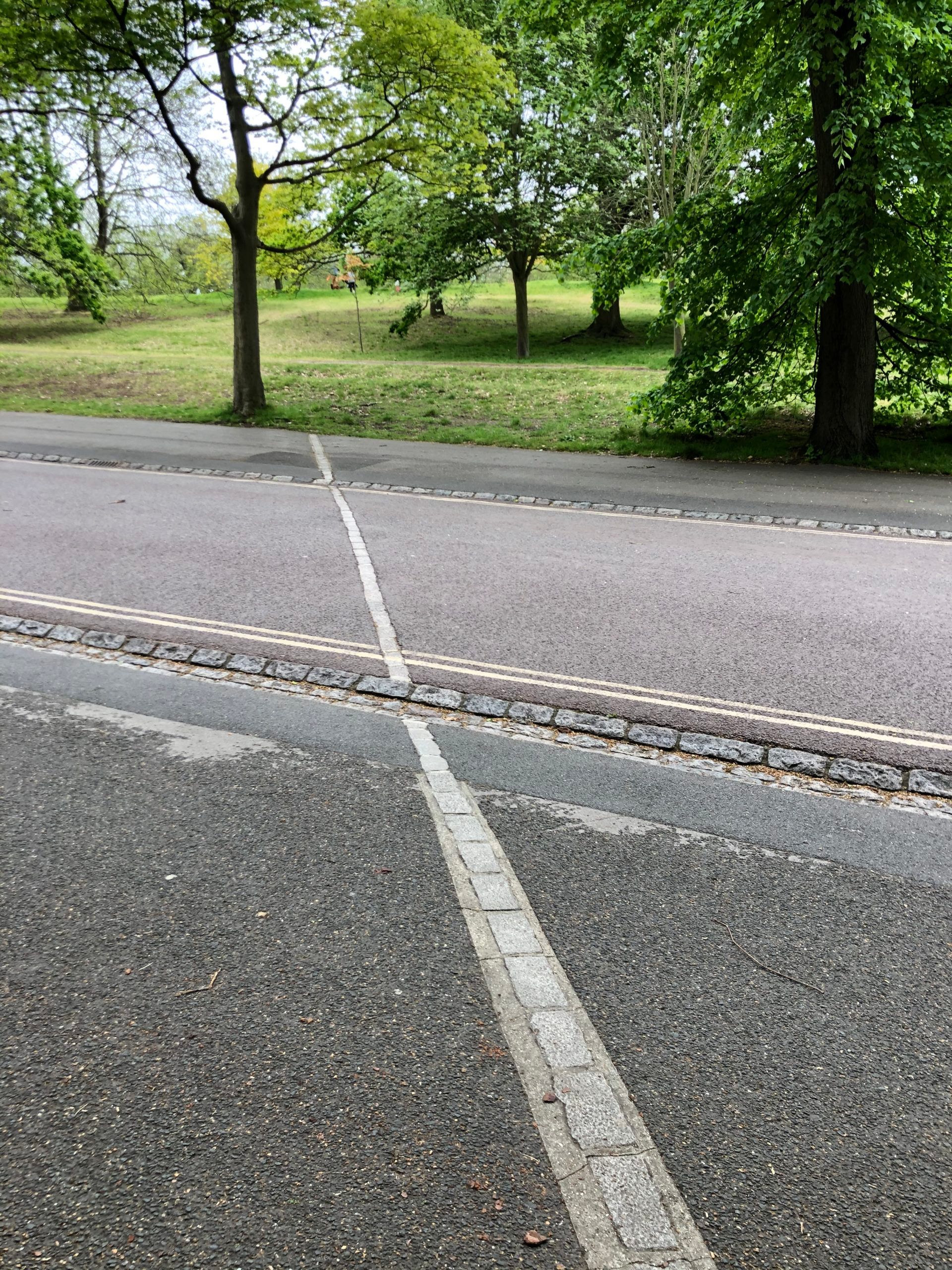 Grey bricks in a line cemented across pavement and road